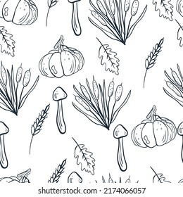 Cute autumn pattern with pumpkins, mushrooms, leaves, . Vector illustration with doodles on the theme of cozy autumn for interior decoration, printing posters, greeting cards, business banners, packag