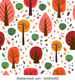 Cute autumn pattern with trees and colorful leaves