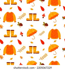 Patrón de otoño con un paraguas, suéter y botas de goma sobre un fondo blanco. Ilustración vectorial.