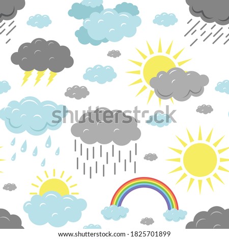 Cute autumn pattern with weather conditions: thunderstorm, sun, rain and rainbow. Fall season seamless background