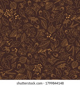 Cute autumn plants seamless pattern in doodle style. Brown and orange vector print.