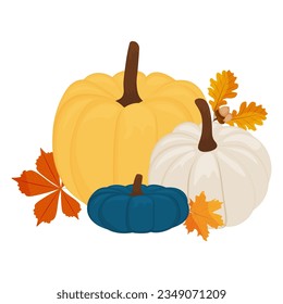 Cute autumn postcard. different ripe pumpkin and autumn leaves. vector illustration. harvest day, halloween
