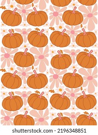 Cute Autumn Pumpkin and flower in Groovy style Seamless pattern ,Design for fashion , fabric, textile, wallpaper, cover, web , wrapping and all prints 