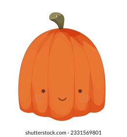 Cute autumn pumpkin, cute kawaii face on orange plant in cartoon style isolated on white background.