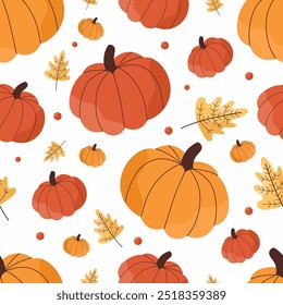 Cute autumn pumpkin pattern on white isolated background. Vector pumpkins in harvest flat style. For autumn decor, wallpaper, wrapping paper.
