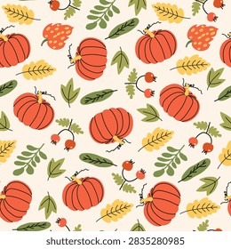 Cute autumn pumpkin seamless pattern. Hand drawn naive doodle fall background with orange pumpkins, red berries and leaves for fabric, textile, wallpaper  and packaging, vector illustration