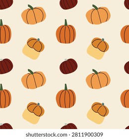 Cute autumn pumpkin vector illustration pattern isolated on cream background. Flat cartoon seasonal fall harvest collection, featuring hand-drawn orange pumpkins and turban squash with clean minimalist lines. Graphic asset for Thanksgiving textile print, wallpaper, and wrapping paper design.
