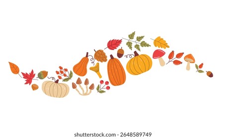 Cute autumn pumpkins, leaves, mushrooms, and berries in wave arrangement in cartoon flat style. Cozy seasonal composition perfect for fall decor, fabric, wrapping, cards, and Thanksgiving themes.
