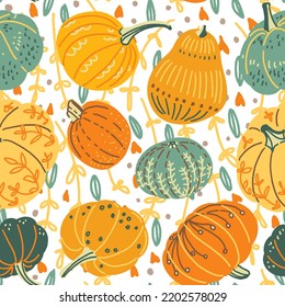 Cute autumn pumpkins and twigs - vector seamless pattern