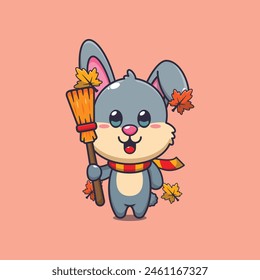 Cute autumn rabbit holding broom. Mascot cartoon vector illustration suitable for poster, brochure, web, mascot, sticker, logo and icon.