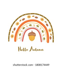 Cute autumn rainbow. Fall printable poster. Modern nursery rainbow with yellow acorn, leaves, flowers Vector