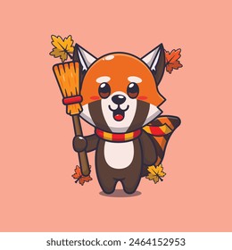 Cute autumn red panda holding broom. Mascot cartoon vector illustration suitable for poster, brochure, web, mascot, sticker, logo and icon.