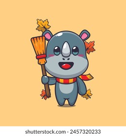 Cute autumn rhino holding broom. Mascot cartoon vector illustration suitable for poster, brochure, web, mascot, sticker, logo and icon.