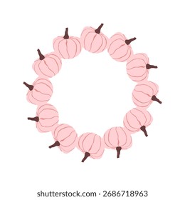 Ein süßer herbstlicher runder Rahmen mit rosa Kürbissen. Diese Herbstkomposition ist in einem wellenförmigen Rahmen gerahmt. Die Kürbisse sind kreisförmig angeordnet. Vektorgrafik auf weißem Hintergrund