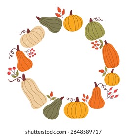 Cute autumn round frame or wreath with pumpkin and berry in cartoon flat style. Warm and festive seasonal design ideal for cards, invitations, stickers, fall decor, Thanksgiving and harvest themes.