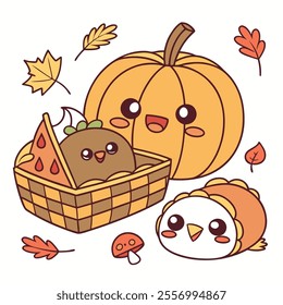 A cute autumn scene featuring a pumpkin, a basket of food, and playful animals.