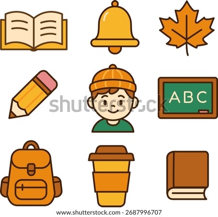 Cute autumn school icon set featuring student, backpack, coffee cup, book, leaf, and bell in warm fall colors. Perfect for education, seasonal graphics, and classroom projects.