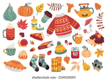 Cute Autumn Scrapbook Bundle, Cozy Fall Icons Or Stickers With Sweater, Socks, Mushrooms And Leaves. Pumpkin, Pie, Tea Cup And Kettle Vector Set