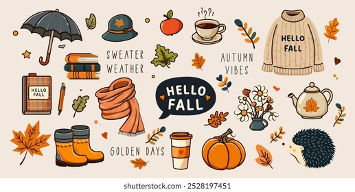 Nettes Herbst-Scrapbook-Paket, gemütliche Herbst-Icons oder Aufkleber mit Pullover, Blätter. Kürbis, Teetasse und Wasserkocher, Vektorsatz