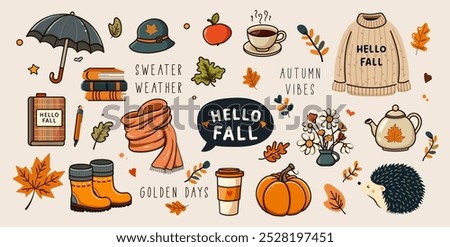 Cute autumn scrapbook bundle, cozy fall icons or stickers with sweater,  leaves. Pumpkin, tea cup and kettle vector set