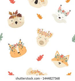 Cute autumn seamless pattern with animals in crowns. Fox, squirrel, koala, lynx, owl and giraffe. For kids prints, t shirts, greeting cards