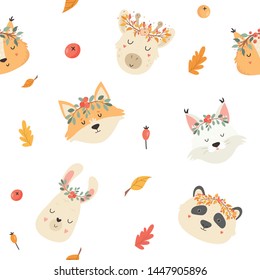 Cute autumn seamless pattern with animals in crowns. Fox, squirrel, lynx, llama, panda and giraffe. For kids prints, t shirts, greeting cards