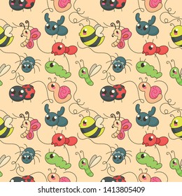 Cute autumn seamless pattern. Cartoon bugs, plants, herbs, flowers. Vector illustration on white background. Childish ornament for wrapping paper and textile. 