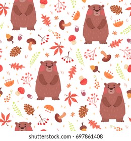 Cute autumn seamless pattern. Cartoon bears, leaves, mushrooms, flowers. Vector illustration on white background. Childish ornament for wrapping paper and textile