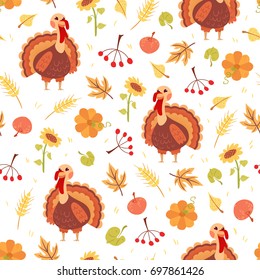 Cute autumn seamless pattern. Cartoon turkey bird, harvest, leaves. Vector illustration on white background. Childish ornament for wrapping paper and fabric.