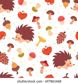 Cute autumn seamless pattern. Cartoon hedgehogs, mushrooms, acorns, apples. Vector illustration on white background. Childish ornament for wrapping paper, web backdrop.