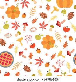Cute autumn seamless pattern. Cartoon pie, pumpkin, harvest, leaves. Vector illustration on white background. Childish ornament for wrapping paper and textile.