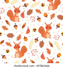 Cute autumn seamless pattern. Cartoon squirrels, cones, acorns, leaves, berries. Vector illustration on white background. Childish ornament for wrapping paper and fabric.