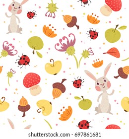 Cute autumn seamless pattern. Cartoon rabbit, bugs, mushrooms, fruits and flowers. Vector illustration on white background. Childish ornament for wrapping paper, backdrop.