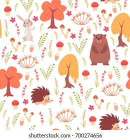 Cute autumn seamless pattern. Cartoon bears, hedgehogs, rabbits, mushrooms, flowers. Vector illustration on white background. Childish ornament for wrapping paper and textile