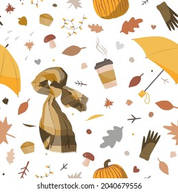 Cute autumn seamless pattern with cosy hand drawn scarf, coffee, umbrella, and doodle autumn elements. Concept of hygge autumn walk.