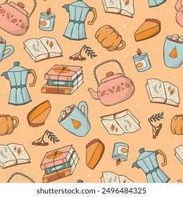 Cute autumn seamless pattern with cozy doodles of coffee cups, kettles, books, pumpkin pies for prints, wrapping paper, textile, scrapbooking, stationery, wallpaper, digital backgrounds, etc. EPS 10