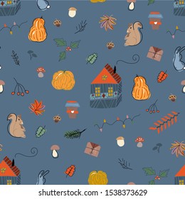 Cute autumn seamless pattern fall harvest season cartoon illustration clipart with different decoration elements. Happy Thanksgiving holiday