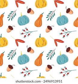 Cute autumn seamless pattern in flat style. Background design with leaves, acorns, rowan, pumpkin, berries. Vector illustration.