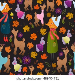 Cute autumn seamless pattern with forest animals: fox, deer, doe, rabbit. Funny animals childish design. Cute animals in warm clothes. Wonderful autumnal pattern paper or fabric.