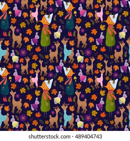Cute autumn seamless pattern with forest animals: fox, deer, doe, rabbit. Funny animals childish design. Cute animals in warm clothes. Wonderful autumnal pattern paper or fabric.