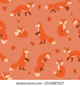 Cute autumn seamless pattern with foxes and leaves. Vector graphics.