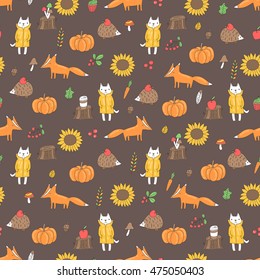 Cute autumn seamless pattern with funny white cat in yellow raincoat, leaves, rubber boats, red fox, hedgehog, mushrooms, pumpkin, umbrella, berries and coffee cup