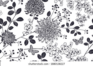 Cute autumn seamless pattern. Garden flowers chrysanthemums, branches with berries, leaves, and butterflies. Black graphic arts on white background. Floral Vector illustration. Vintage engraving.