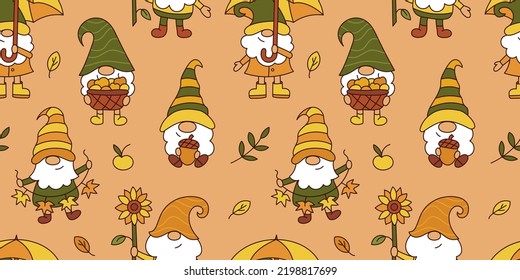 Cute autumn seamless pattern with gnomes. Ideal for wrapping paper, textile and season decoration. Cartoon style. Vector illustration.