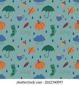 Cute autumn seamless pattern with hand drawn umbrella, rain cloud, autumn leaves, warm socks, rain drops, hot tea cup. Rainy weather cozy hygge Scandinavian background. Vector ambient backdrop