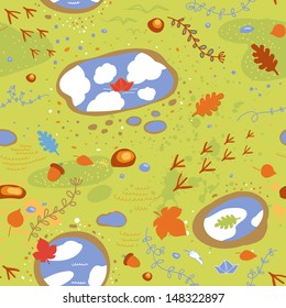 Cute autumn seamless pattern with leaf, a puddle, a paper boat, footprints, acorn, clouds. The grass vector texture. Weather background. 