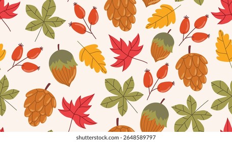 Padrão sem emenda outono bonito com folha, rosehip berry, cone e bolota em estilo de desenho animado plano. Design sazonal quente perfeito para tecido, embalagem, artigos de papelaria, decoração de queda e projetos de natureza temática.