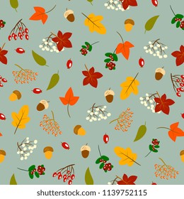 cute autumn seamless pattern with leaves, berries and acorns on a green background. can be used for wallpapers, pattern fills, web page backgrounds, surface textures, 