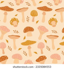 Cute Autumn seamless pattern with leaves and mushroom 