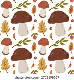 Cute autumn seamless pattern with mushrooms, leaves, berries on a white background. Vector hand-drawn illustration in a flat style. Perfect for wallpaper, wrapping paper, textiles. Botanical print.